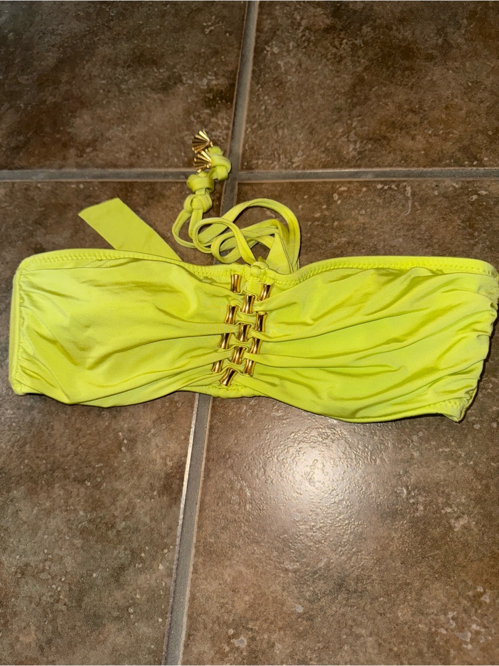 Neon Yellow Trina Turk Bandeau Swim Top with Gold Accents